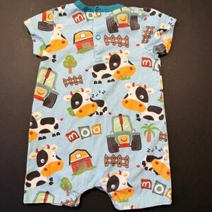 Peppy Mini Baby Boy Farm Cow Tractor Print Cotton Romper Blue 3M SS2022